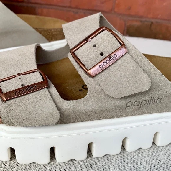 BIRKENSTOCK PAPILLIO Arizona Taupe Tan Suede Leather Chunky Platform Sandals - Picture 4 of 12